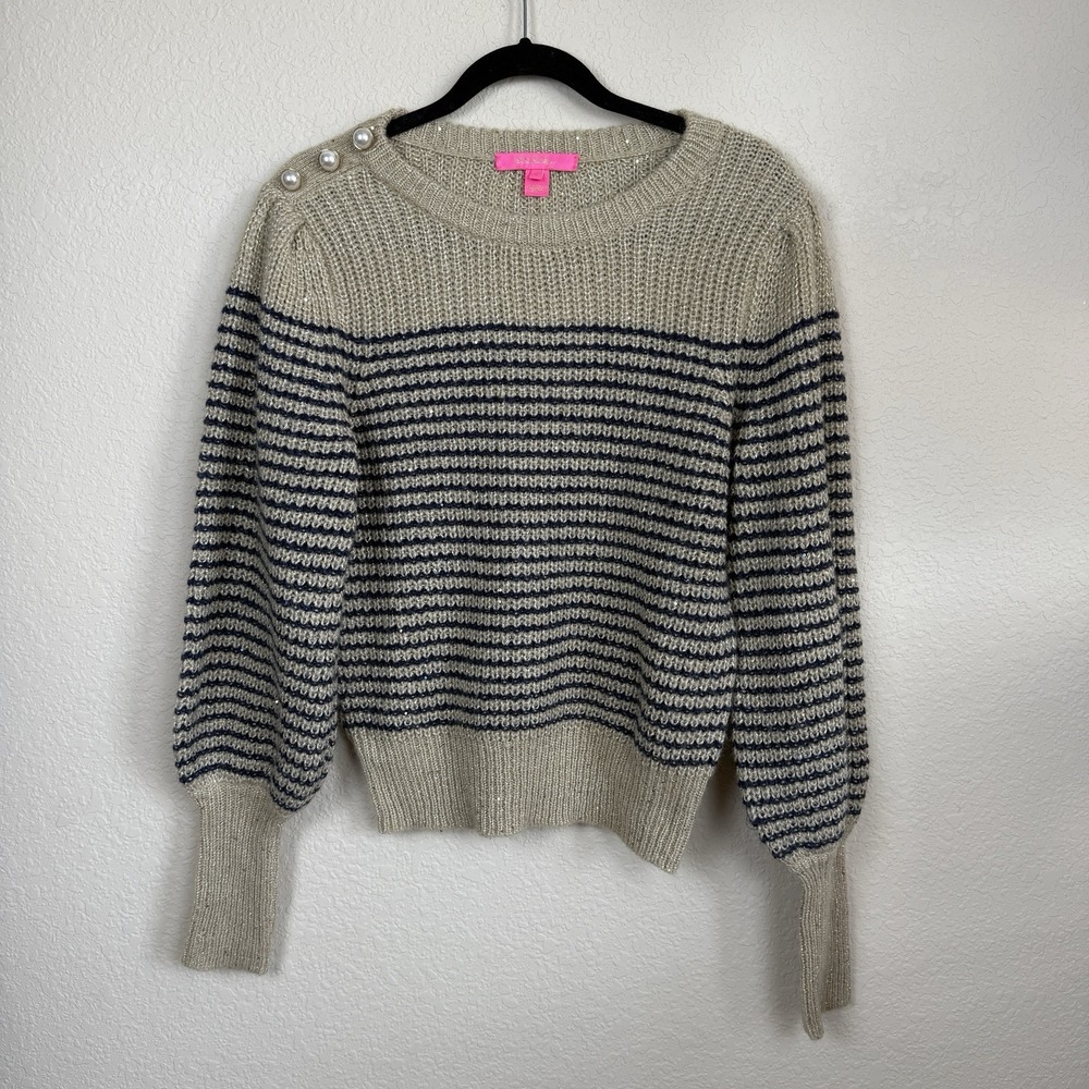 Lilly Pulitzer Metallic Gold Navy Stripe Pearl Button Puff Sleeve Sweater Sz S
